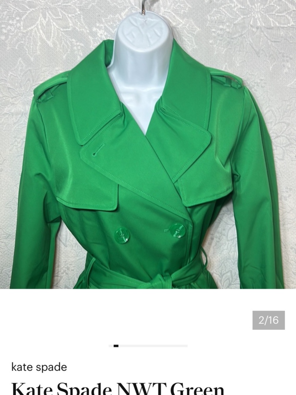 kate spade Bright Green Double-Breasted Trench Coat Pleated Back - Picture 2 of 12
